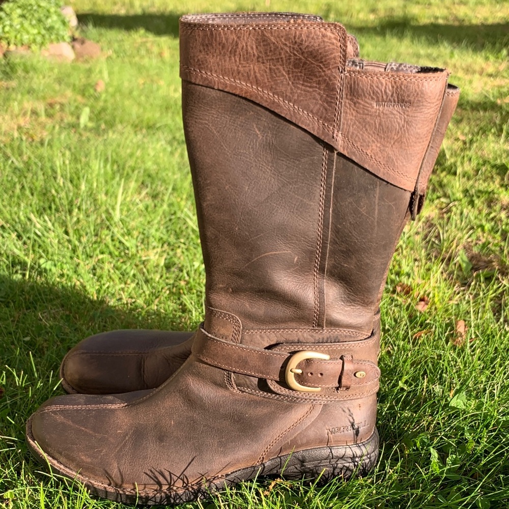 Merrell Captiva Brown Leather Buckle Down Boots in Espresso Weatherproof